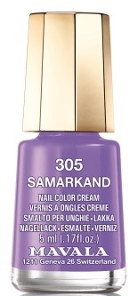 Violetti kynsilakkapullo, jossa kultainen kansi, merkinnällä 'SAMARKAND' ja 'Nail Color Cream' sekä tilavuustiedot.