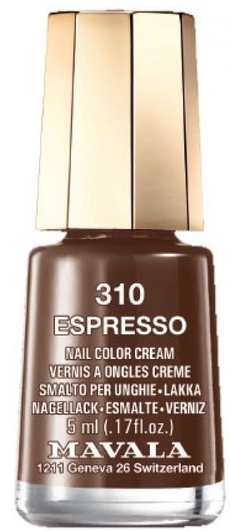 Ruskean värinen kynsilakkapullo, jossa lukee '310 Espresso' Mavalalta, kultainen korkki, 5 ml.