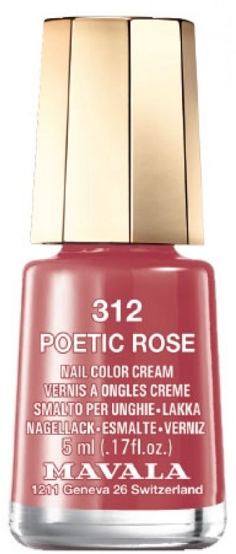 Eine rosa Nagellackflasche mit 'Poetic Rose' Beschriftung, goldene Kappe, Marke Mavala, 5 ml.