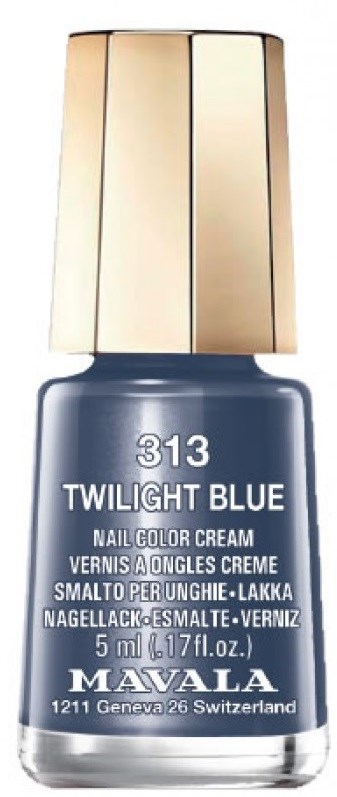 Mavala kynsilakkapullo, merkinnällä 'Twilight Blue', sinistä nestettä ja kultainen korkki.