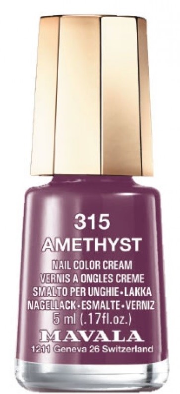 Pieni pullo violettia kynsilakkaa, kultakahvalla, merkiltä 'Amethyst' Mavala. Sisältää 5 ml väriä.
