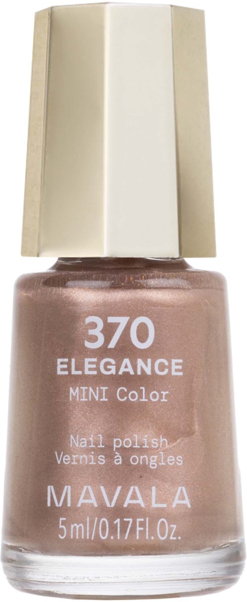 En liten nagellackflaska märkt ELEGANCE MINI Color, med beige kork, i ljus rosa nyans.