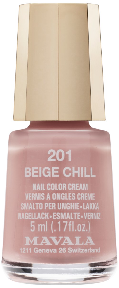 En flaske Mavala neglelak i beige farve, mærket 'Beige Chill,' med guld låg.