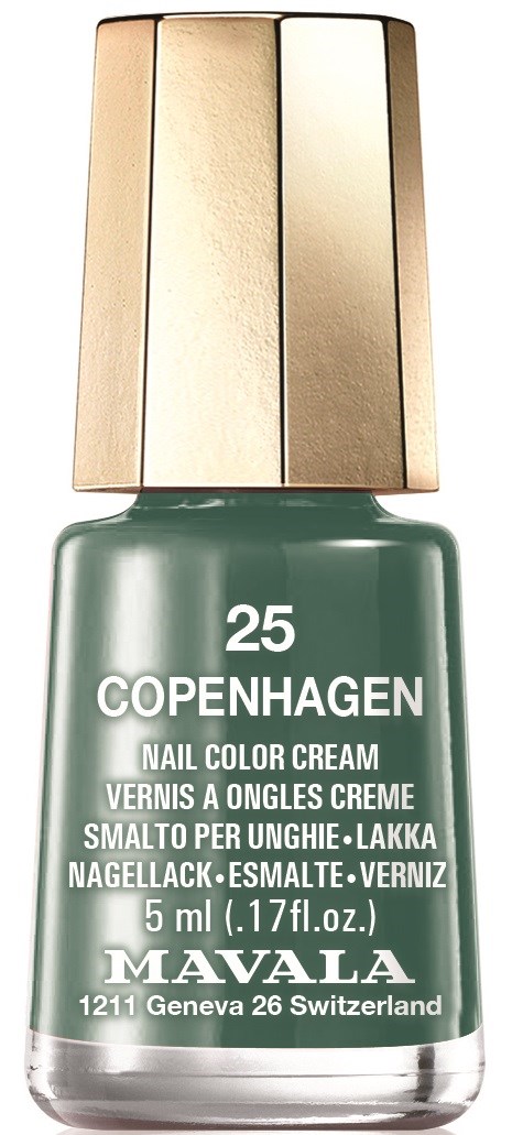 Vihreä kynsilakkapullo, jossa on kultaosoite, nimeltä 'Copenhagen 25' Mavalalta, 5 ml.