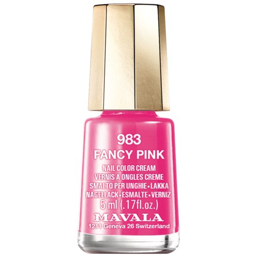Pinkki kynsilakkapullo kultaisella kannella ja valkoisella tekstillä, nimeltään "Fancy Pink" ja numerolla 983.