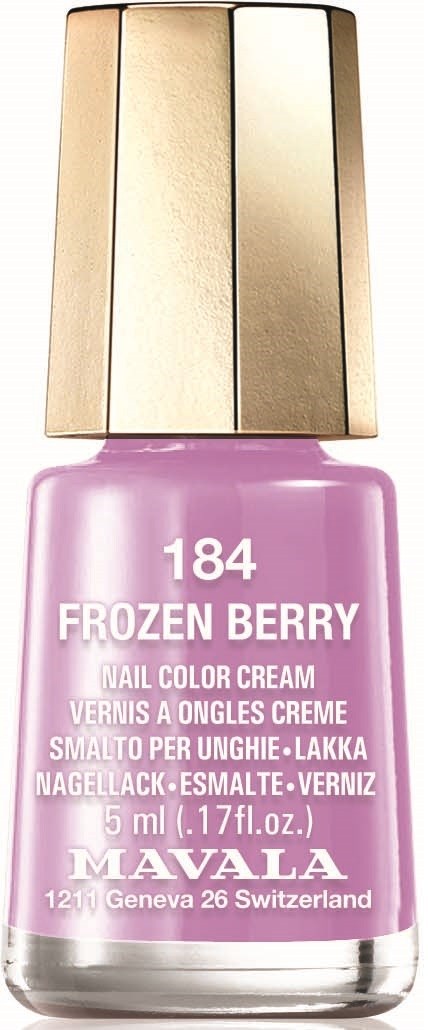 Różowa butelka lakieru do paznokci z złotą zakrętką, oznaczona 'Frozen Berry 184' przez Mavala.