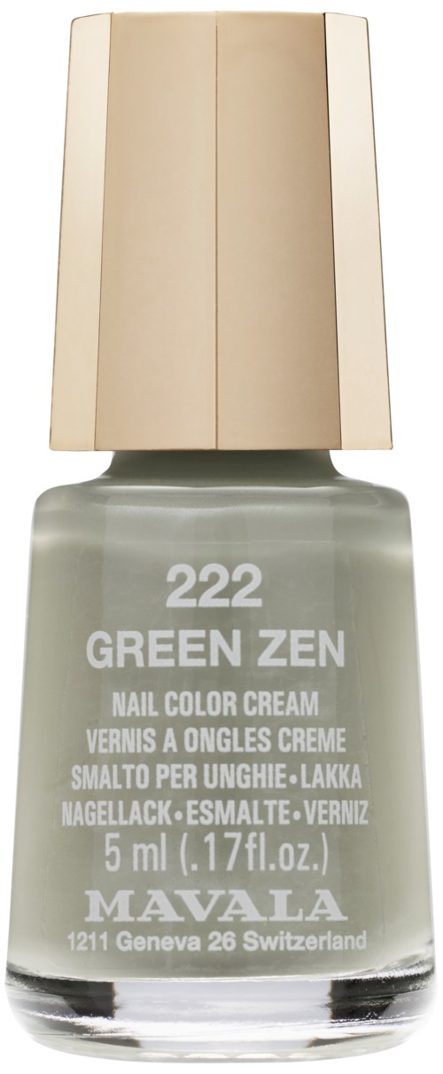 En lille flaske med grønt neglelak med beige låg, mærket '222 GREEN ZEN' og 'NAIL COLOR CREAM.'
