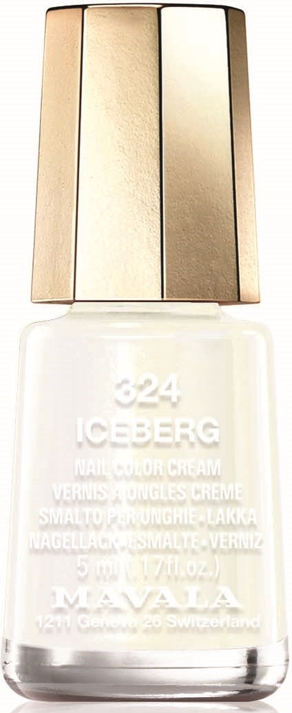 A bottle of white nail polish with a gold cap. The label shows brand and product details.
