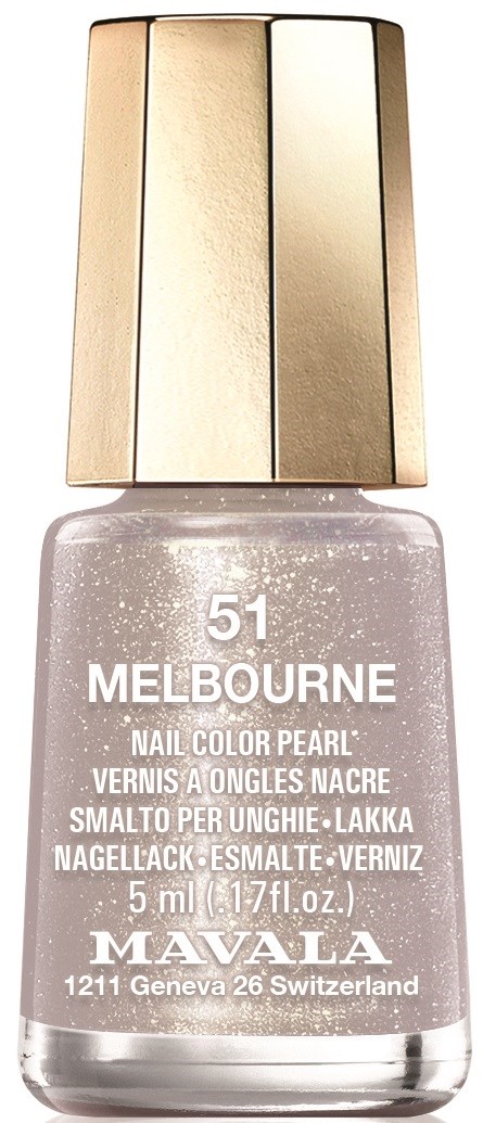 Pieni pullo kynsilakkaa, kirkkaalla sävyllä, nimeltä 'Melbourne 51' ja valmistajan 'Mavala' teksti.