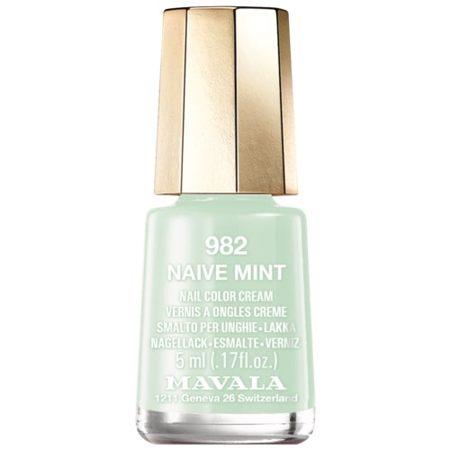 Vihreä mintin väriä oleva kynsilakkapullo, kultainen kansi ja valkoinen teksti, nimeltä 'Naive Mint' valmistajalta Mavala.