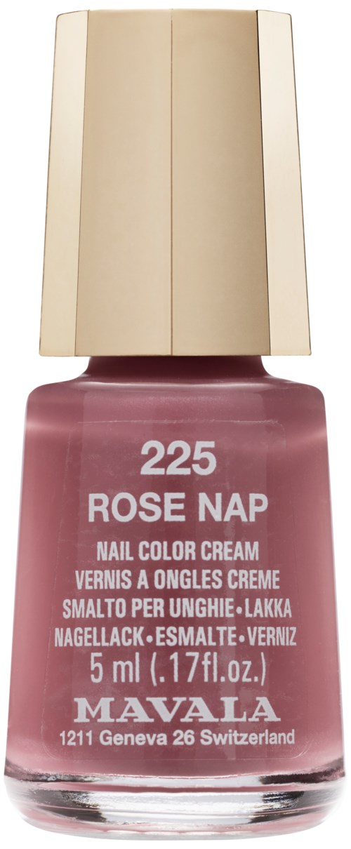En flaske pink neglelak med en beige lås, mærket '225 Rose Nap' af Mavala, 5 ml.
