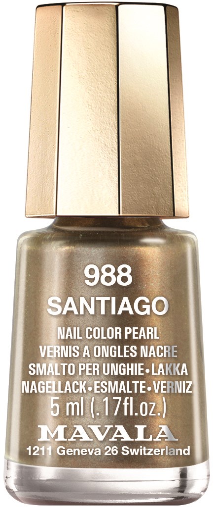Guldfarvet neglelakflaske med hvid tekst, mærket "988 Santiago." Kompakt og elegant design.