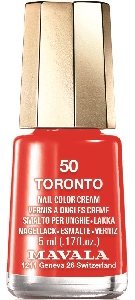 Punainen kynsilakkapullo, kultainen korkki, merkintä '50 TORONTO' ja 'MAVALA' Sveitsistä.