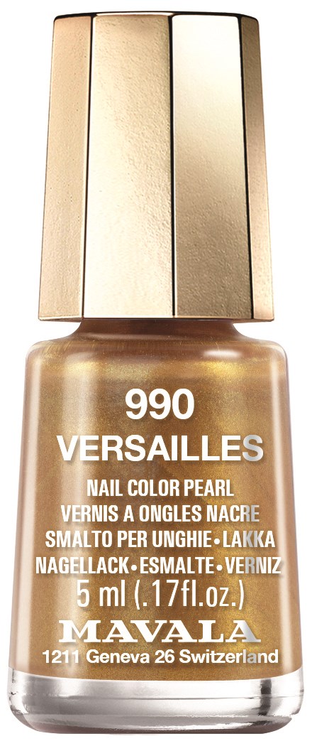 Kullanvärinen kynsilakkapullo, jossa valkoinen teksti, Mavala-brändi ja sävynumero 990 Versailles.