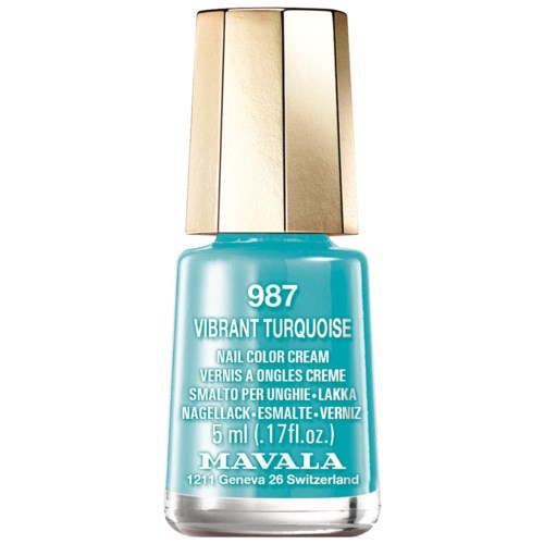 Turkoosi kynsilakkapullo, kultainen korkki, merkki 987 Vibrant Turquoise, Mavala. Sisältää 5 ml.
