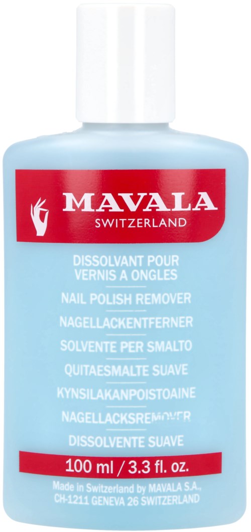 Eine Flasche Nagellackentferner mit weißem Deckel, rot- und blaufarbigen Etikett und mehrsprachigem Text.