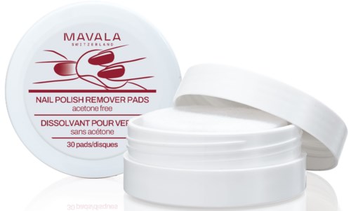 Ronde container met open deksel, bevat nagellakremover pads, van Mavala Zwitserland.
