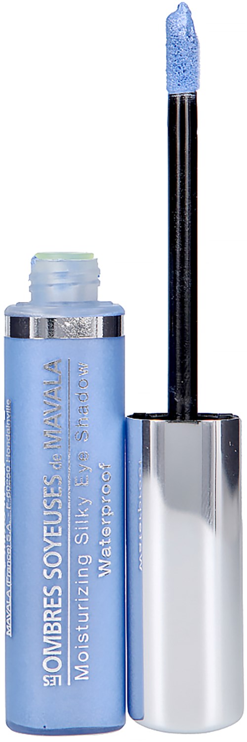 Blauer Lippenstift mit schwarzem Applikator und klarem Glanz.