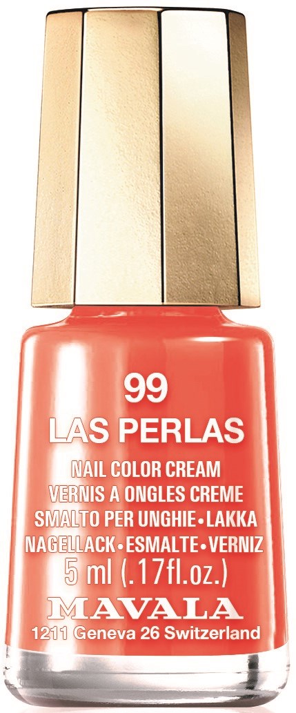 Corallrosa nagellacksflaska med guldlock, märkt 'Las Perlas 99' av Mavala från Schweiz.
