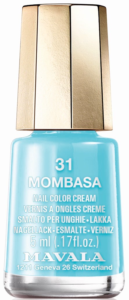 En blå nagellackflaska med guldkapsel, märkt Mavala Mombasa nummer 31, 5 ml.