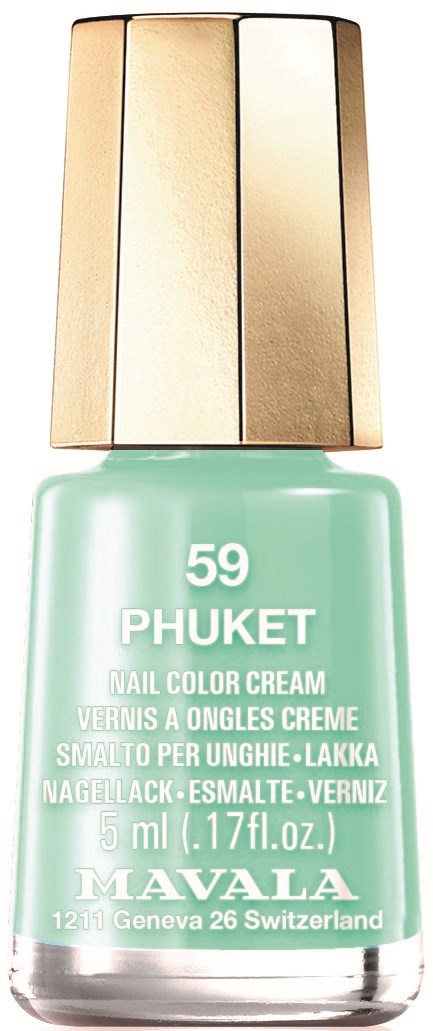 En mintgrön nagellackflaska med guldkapsel, märkt '59 Phuket' och Mavala-etikett.