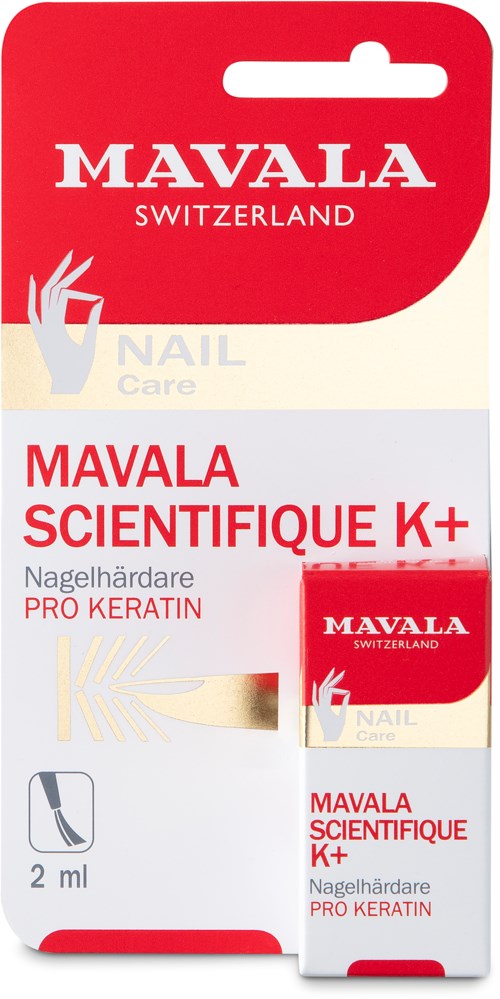 En nagelvårdsprodukt från Mavala, Schweiz, med röda, vita och beige färger, med produktdetaljer och varumärke.