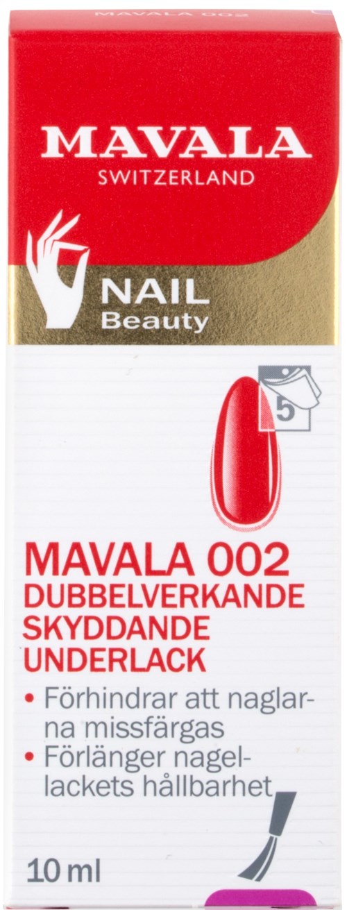 En röd och vit låda med Mavala nagellack, med en nagelbild, som kombinerar skydd och långvarig glans.