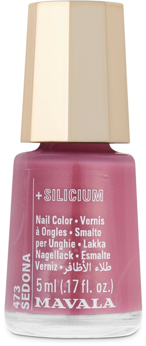Pink neglelakflaske med beige låg, mærket 'Silicium' og 'Mavala,' størrelse 5 ml.