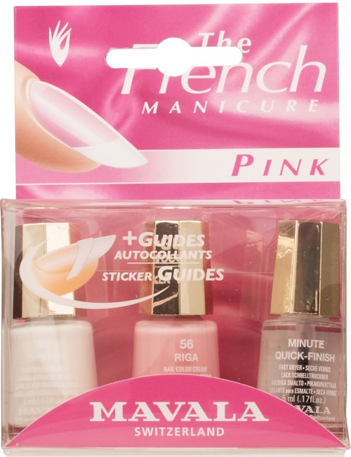Ett rosa nagelvårdsset med lackflaskor och guider, märkt 'The French Manicure Pink', från Mavala Schweiz.