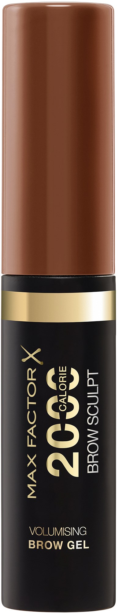 En bryngel med brun farge, svart og gull emballasje, og teksten "Max Factor " og "19 Care Brow Sculpt."