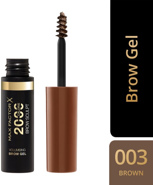 Brun øyenvippegel med børsteapplikator og produktbeholder, merket "Brow Gel" og "003 Brown."