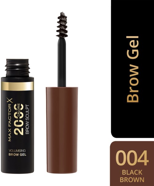 En svart og brun øyenbrynsgel med børste, merket 'Brow Gel 004 Black Brown' og 'Volumising Brow Gel.'