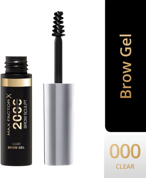 En svart og sølv flaske med bryngel med børste og klar etikett som sier "Max Factor X Brow Gel."