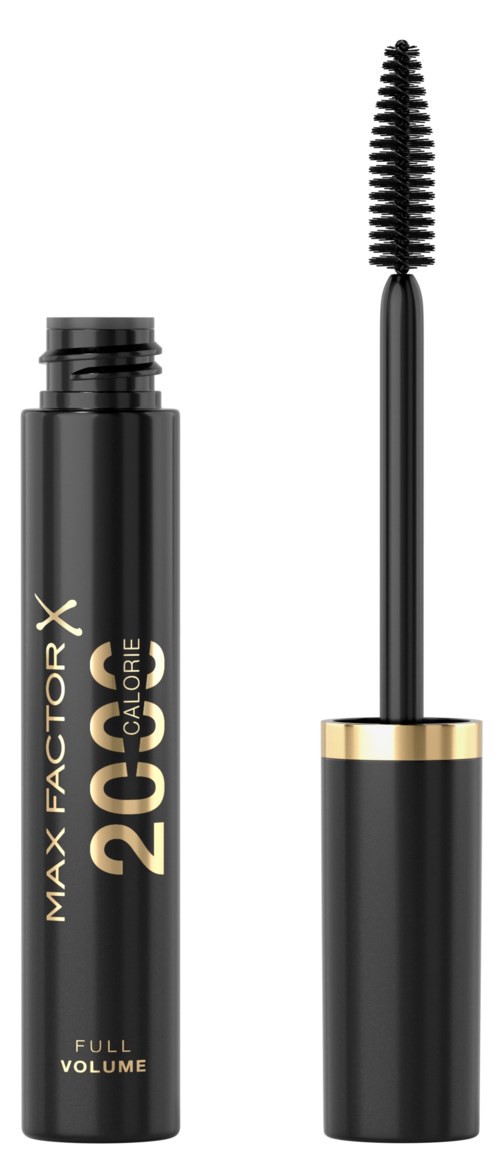 A black mascara tube labeled 'MAX FACTOR X 20 GALORE' with an open wand showing the brush.
