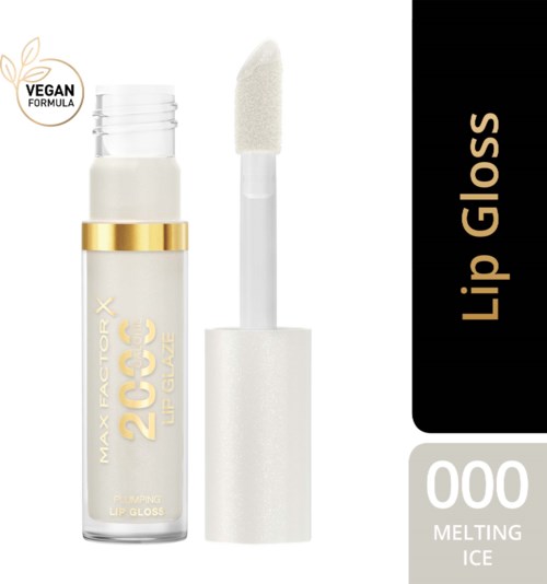 Lip gloss vid namn Melting Ice, veganskt formula, hållbar, med applicator och tydlig behållare, svart och beige förpackning.