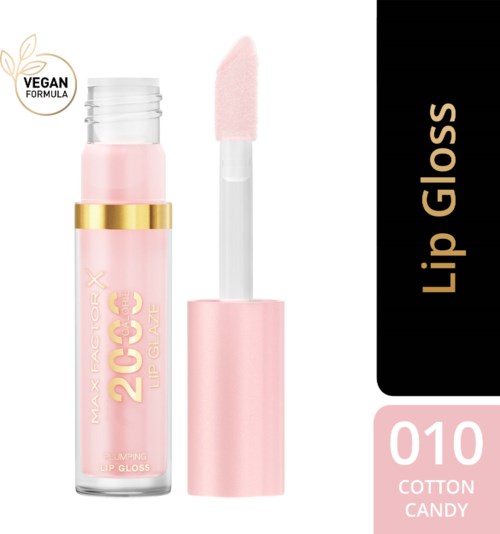 Leppeglans i rosa i en gjennomsiktig tube med hvit applikator. Merket sier "Cotton Candy" og Chef Max Factor X.