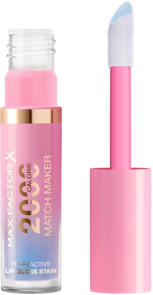 Pink leppglans med hvit svampapplikator i en gjennomsiktig beholder, merket 'Max Factor X Calorie Match Maker'.
