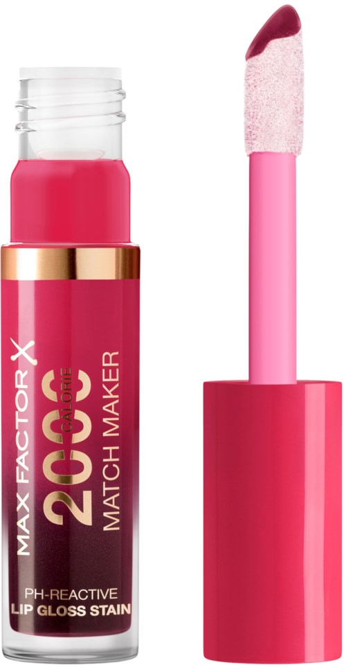 Pink lip gloss with a sponge applicator and a label showing 'MAX FACTOR X 24H MATCH MAKER' on the bottle.