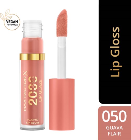 En lys rosa leppeglossetube med svampapplikator, merket '050 Guava Flair,' vegansk og blank.
