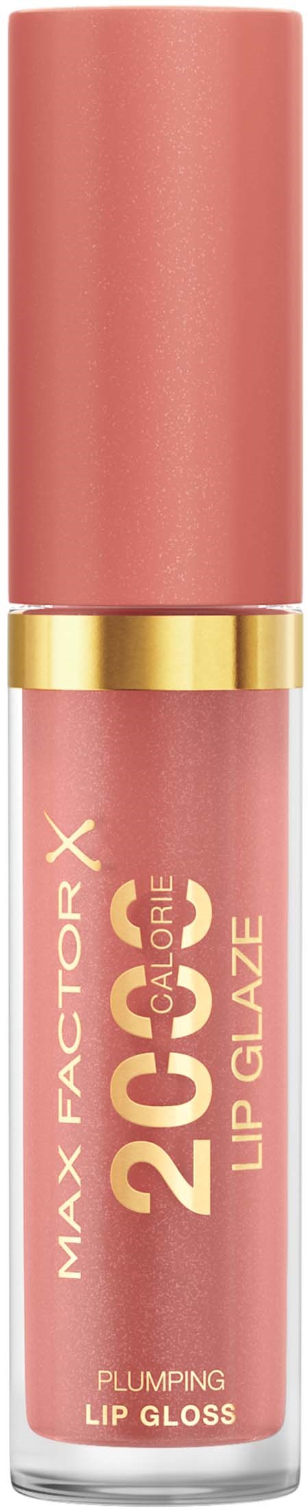 Pink lip gloss tube with gold band and gold text, promoting a 20-hour plumping lip gloss.