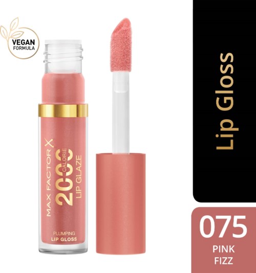 Pink lip gloss, vegan, moisturizing, with applicator. Brand: Max Factor, shade: Pink Fizz, number 075.