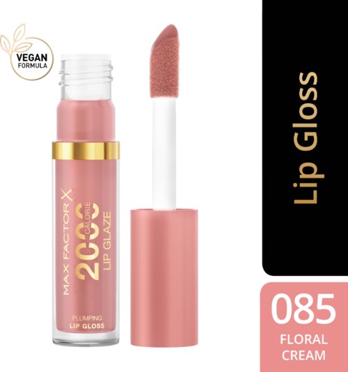 Rødt leppeglossrør med påføringspinne, etiketten sier floral cream, vegansk formel, 085.