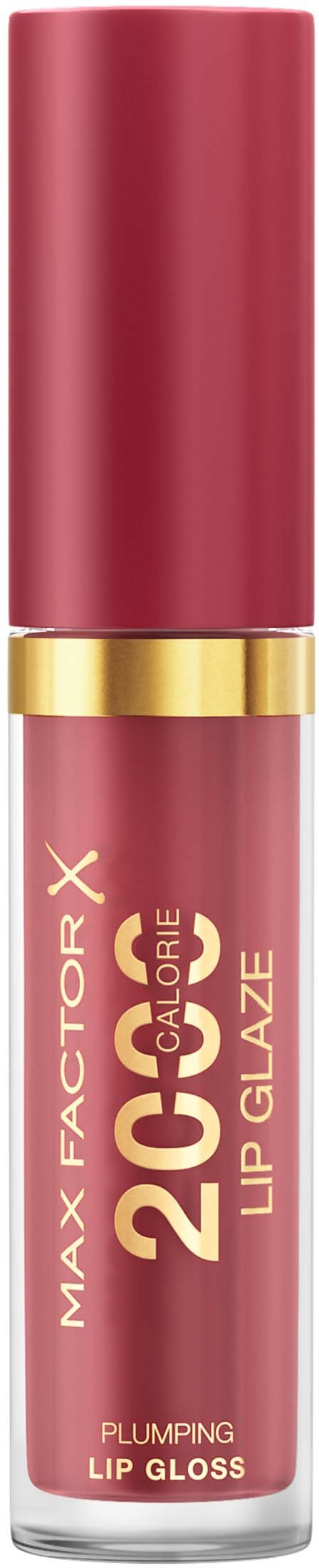 En rosa leppeglansrør med gulldetaljer, merket 'Max Factor 20 Calorie Lip Glaze' og 'Plumping Lip Gloss'.