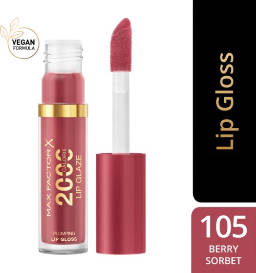 Leppeglans i tube merket 'Max Factor X,' nyanse 'Berry Sorbet,' med rosa applikator og 'Vegan Formula'-merke.