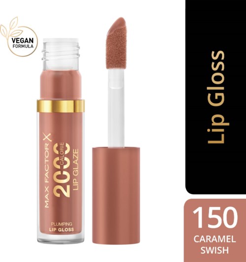 En leppeglansrør merket 'Max Factor X 20 Carbon Lip Glow' med karamellfarge, og en applikatorspiss.