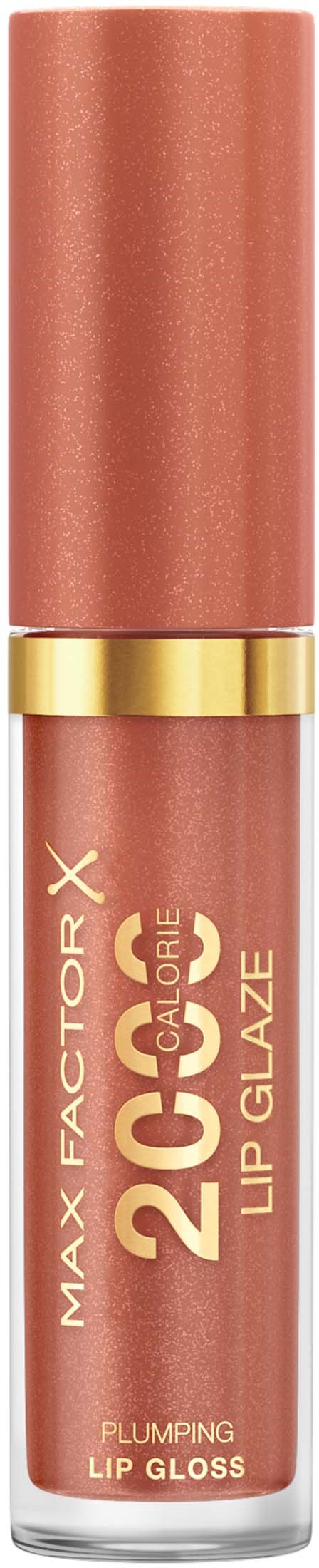 A tube of Max Factor Lip Gloss called '20 Calorie Lip Plump' in a pinkish shade with gold accents.