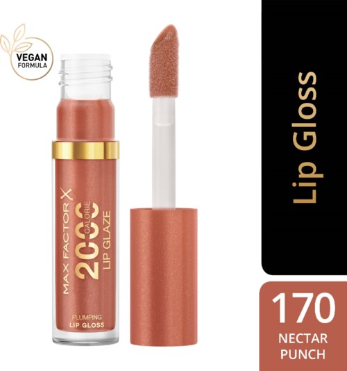 A lip gloss bottle labeled 'Max Factor X 2000 Calorie Lip Glaze' with a peach-colored gloss and an applicator.