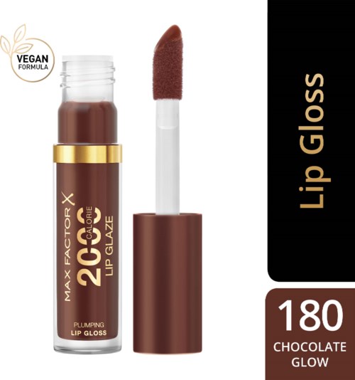 Brun läppglans i tydlig tube med brun kork och applikator. Text visar att det är veganskt med chokladfärg.