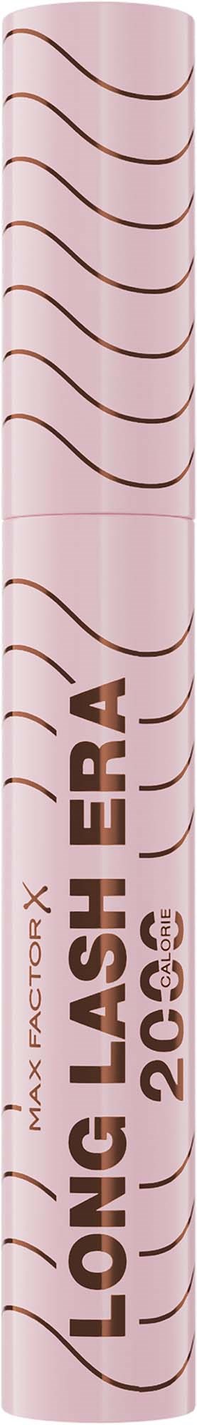 Vaaleanpunainen ripsiväritube, jossa on ruskeita aaltoja ja teksti Lash Lash ja Max Factor. Se seisoo pystyssä.