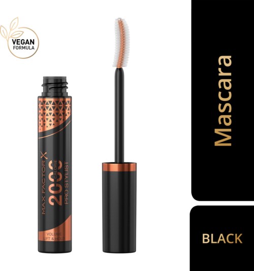 Vegan mascara-rør med børste, svart farge, og oransje og svart emballasje. Det er for øyesminke.